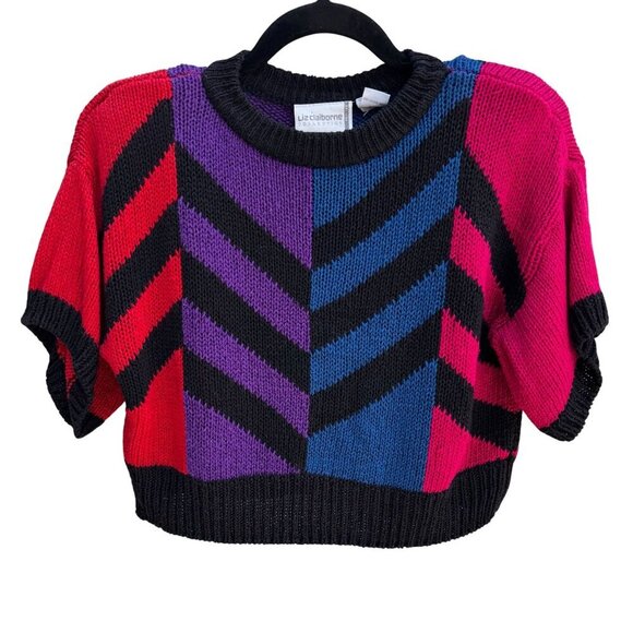 Liz Claiborne Petite Vintage Cropped Chevron Short Sleeve Silk Blend Sweater P - Picture 1 of 10